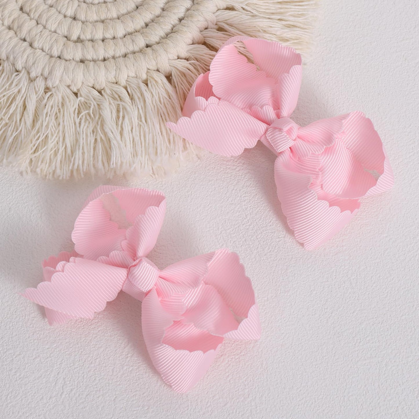 Pink Grosgrain Ribbon Scalloped Hair Bows for Girls,2Pcs 3" Small Cute Dressy Bow Alligator Clips,Valentines Birthday Party Decor Accessories Gift for Toddlers Teens Baby School Kids
