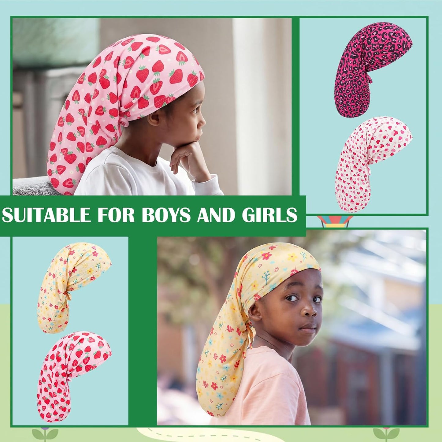 Kids Long Satin Braid Bonnets - 4 Pack Adjustable Soft Caps for Girls | 20 Inch Dreadlocks & Curly Hair