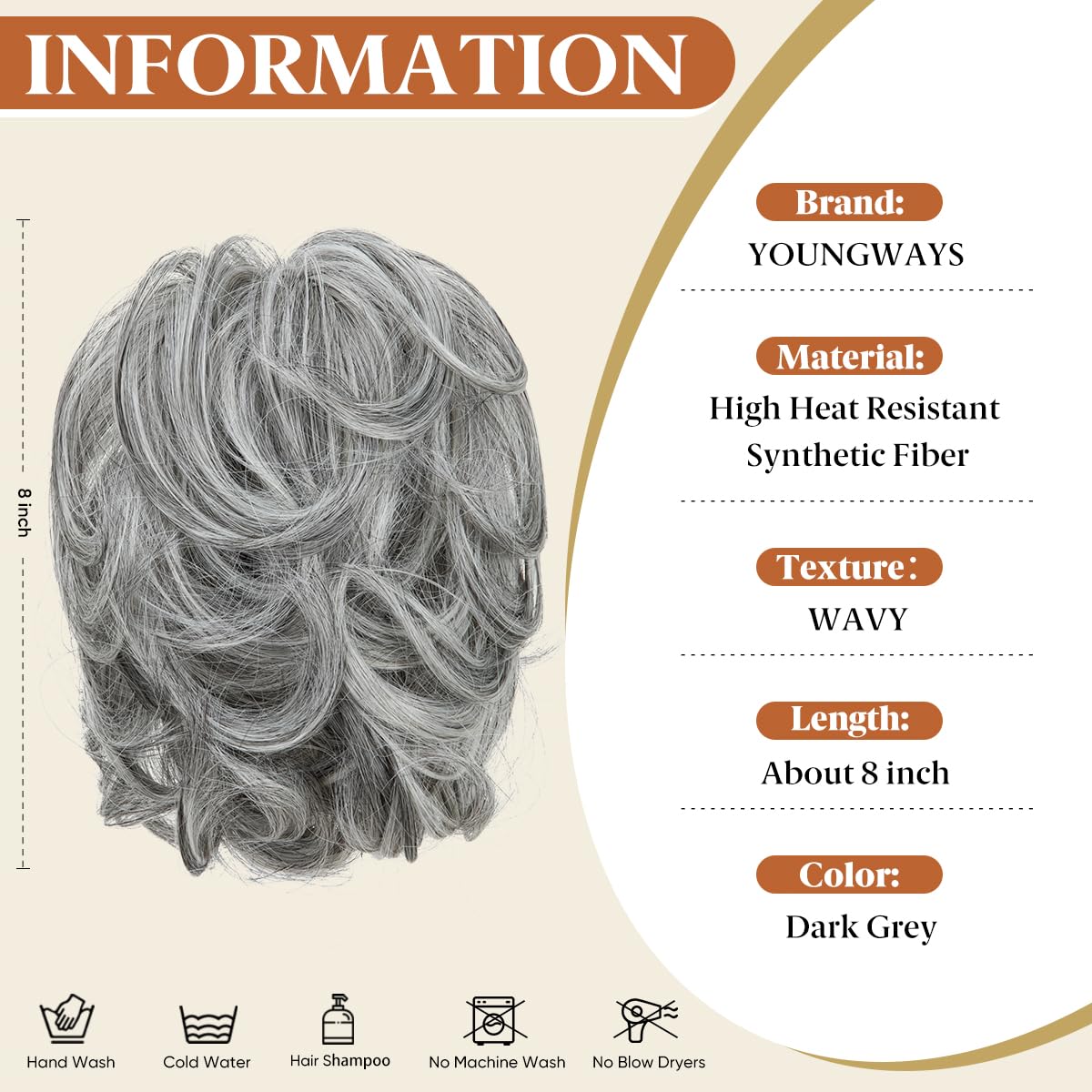 youngways Claw Clip Short Ponytail Messy Bun Hair Piece Bendable Hair Branch Extensions Fluffy Wavy Curly Synthetic Versatile Dark Grey Hairpieces