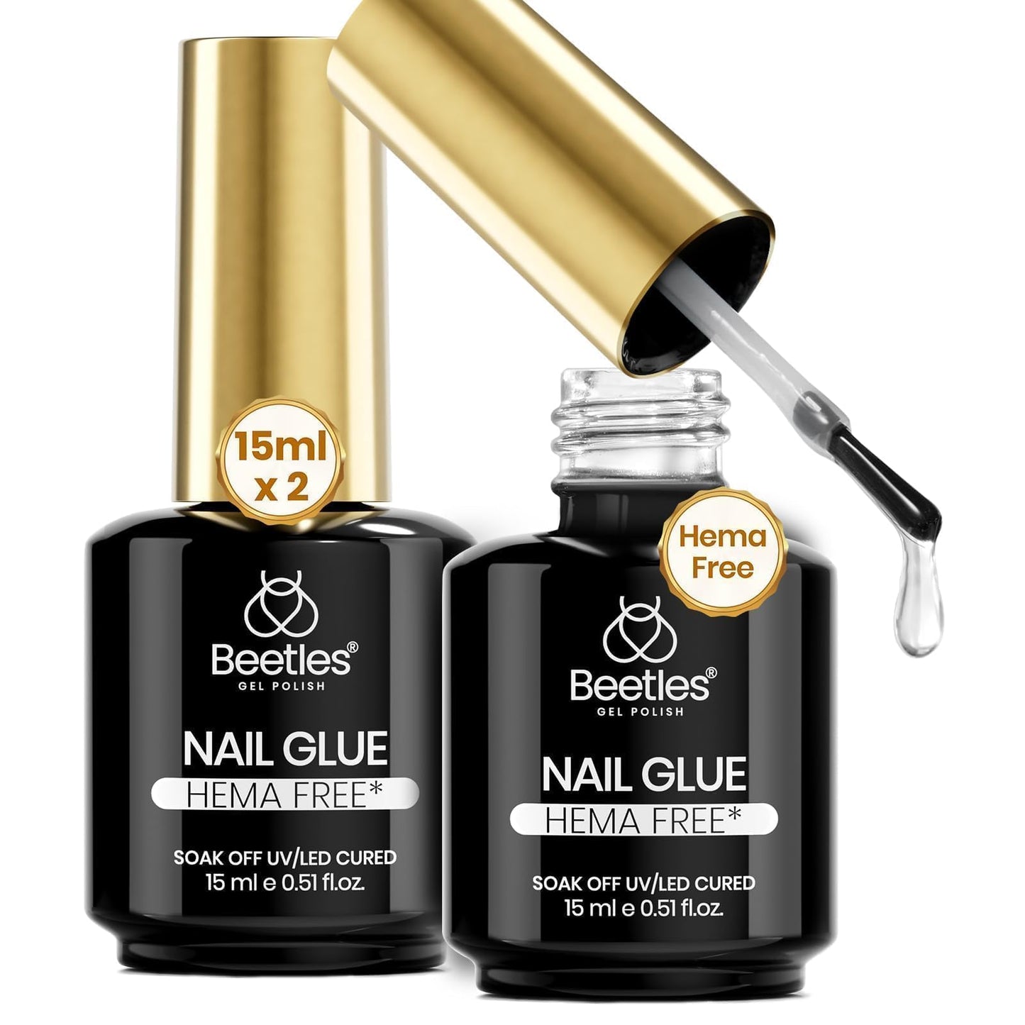 Beetles 2Pcs 15ml Hema-Free Nail Glue Gel for Acrylic Nail Tips & Clear Press On Nails, TPO Free Super Strong U V Nail Glue for Nail Extensions, DIY Long Lasting Nail Gel Kit, Gift for Women