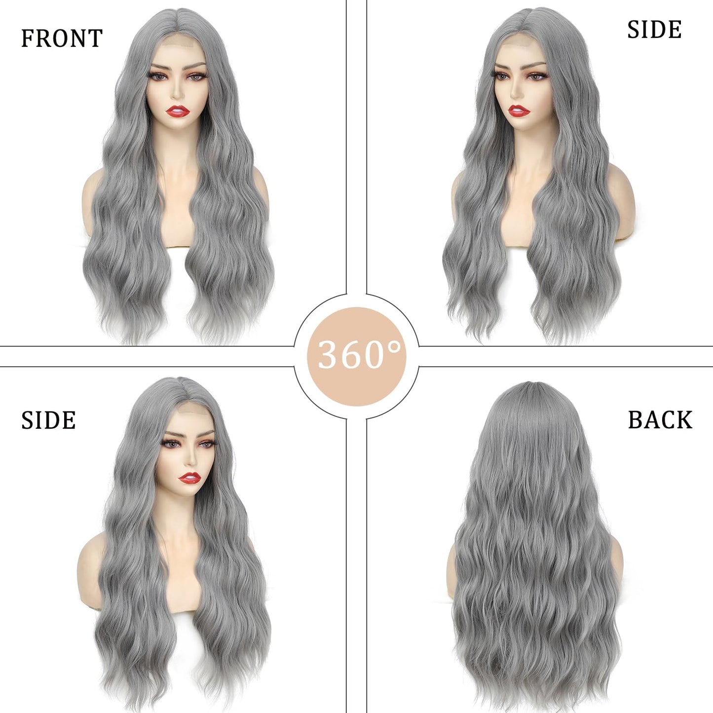 YBYMCAI Grey Wig - Long Silver Wavy Wigs for Women Middle Part Gray 26 inch Natural Curly Synthetic Wig Heat Resistant Fiber Wigs for Daily Party Use