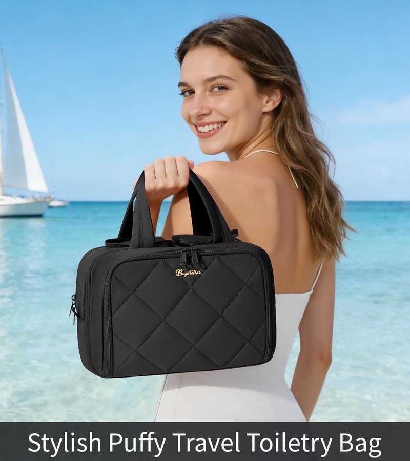 Travel Toiletry Bag, Large Wide-open Puffy Toiletry Bag for Women, Lightweight Quilted Makeup Bag Cosmetic Organizer with Handle Water-resistant Travel Essentials for Toiletries Accessories Black