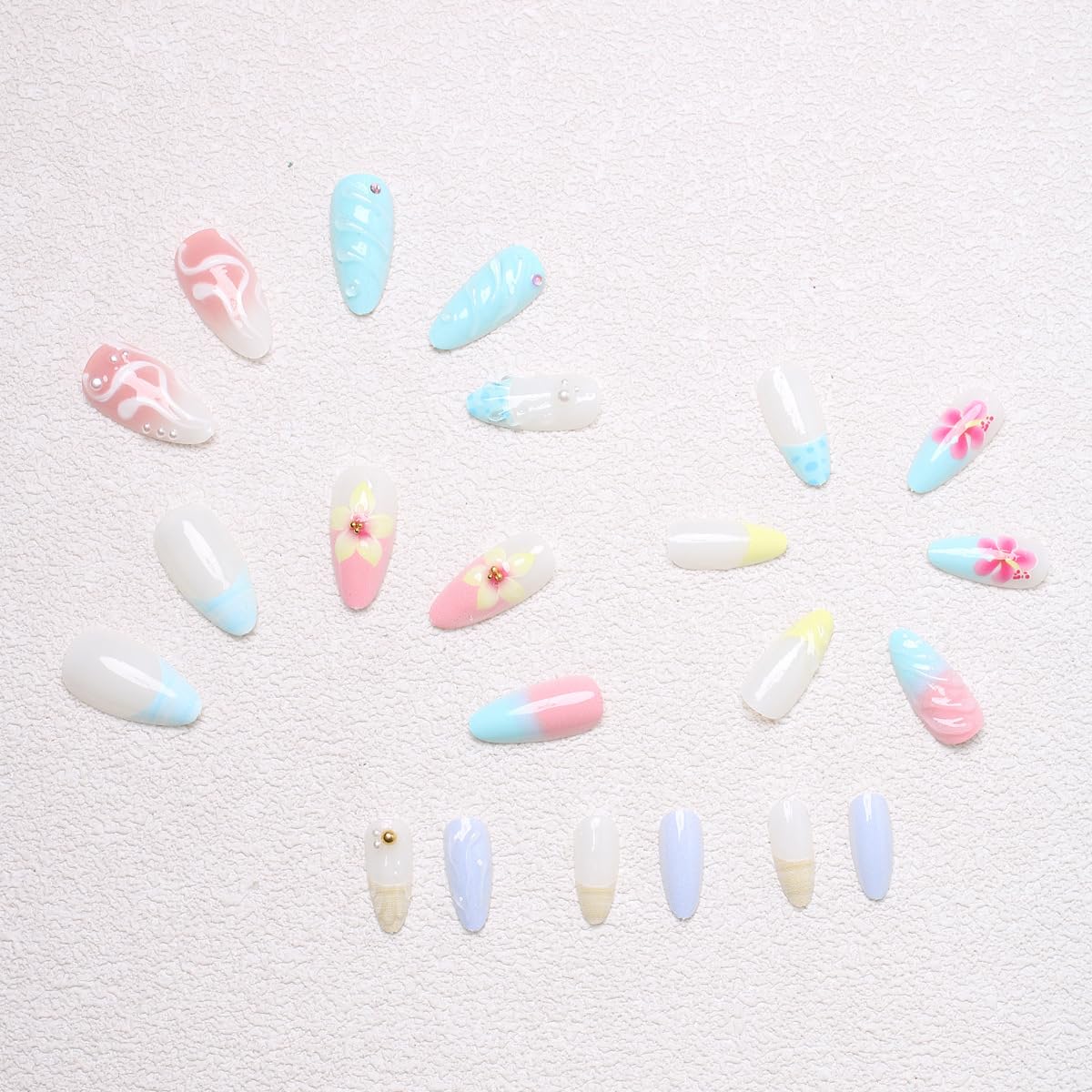 NEWSPIED 24Pcs Blue Flower Almond Acrylic Press On False Nails with 3D Pearl Flower Designs Relief Ripple Artificial French Tips Glue on Nails for Women