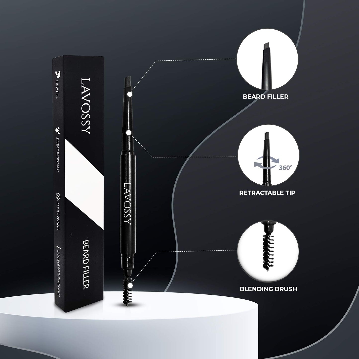 LAVOSSY Beard Pencil Filler for Men - Long Lasting and Easy to Use Beard Pen with blending brush results in a sleek & natural look, Water/Sweat Proof filler (Dark Brown, Value Pack (Pack of 3))