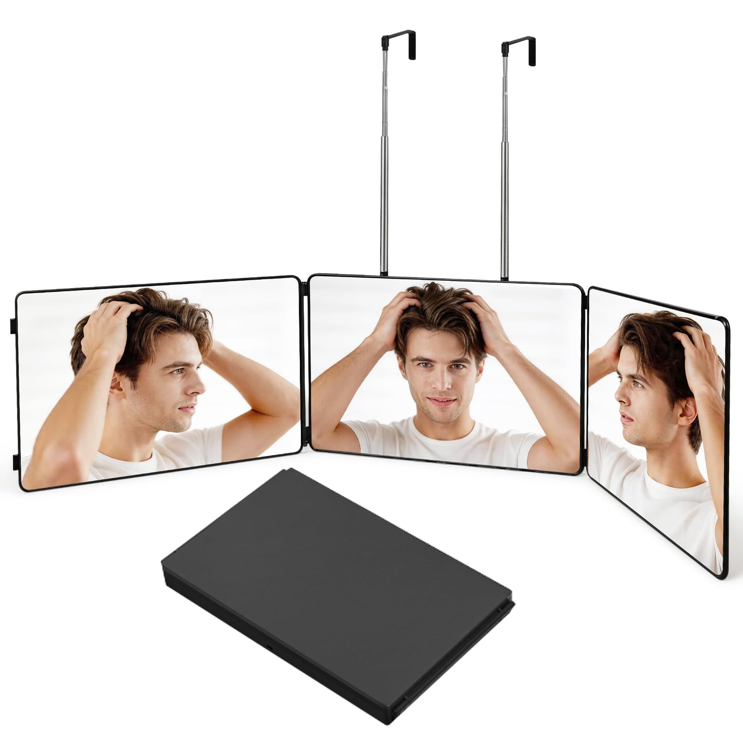 3 Way Mirror for Self Hair Cutting-360° Barber Self Cut Trifold Mirror to See Back of Head,Hangable & Foldable, Portable for Home & Travel Grooming, Braiding, Shaving & Makeup for Men Women (Black)
