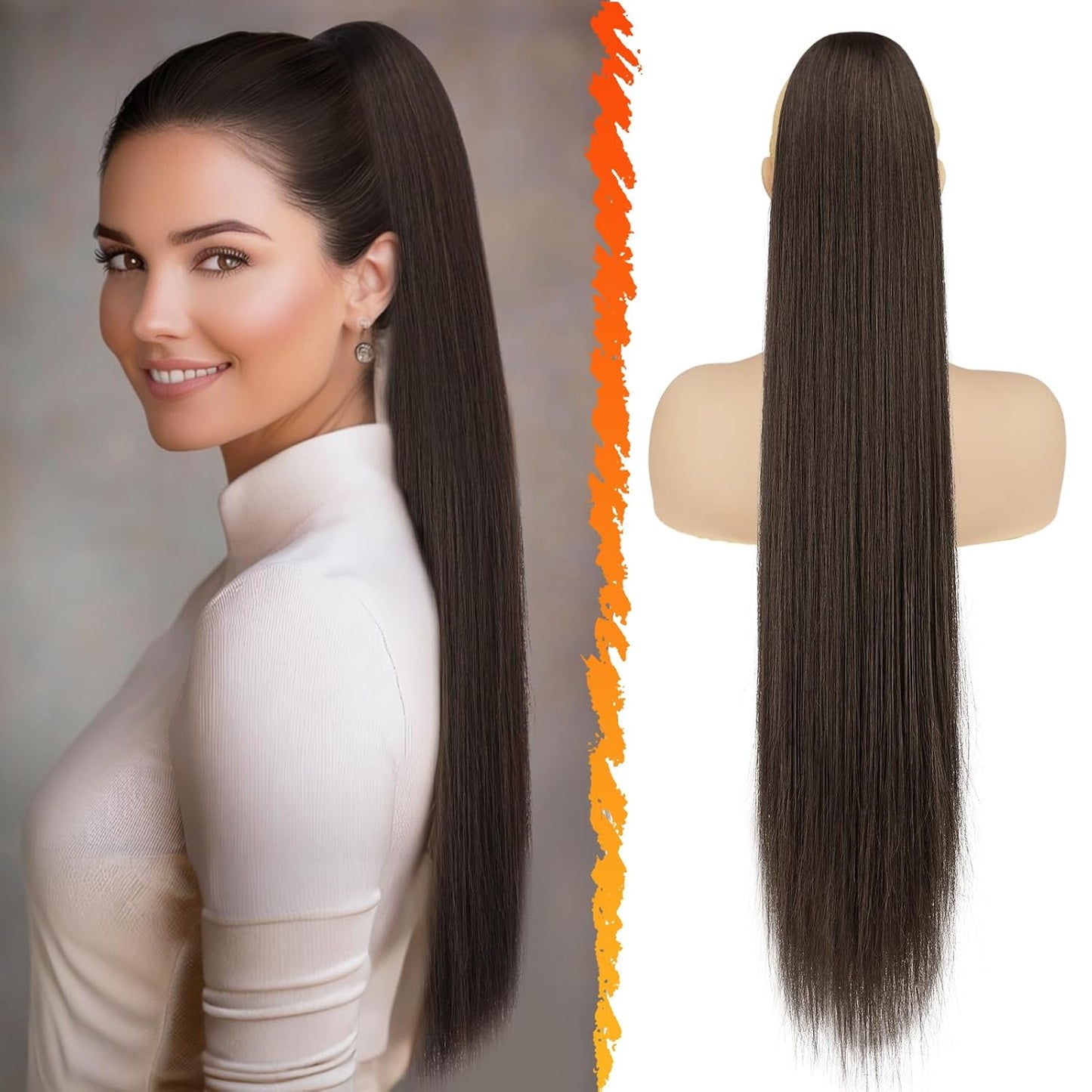 Long Straight Ponytail Extension - 26 Inch Brown Synthetic Clip-In Hairpiece for Women | Light Brown Mixed