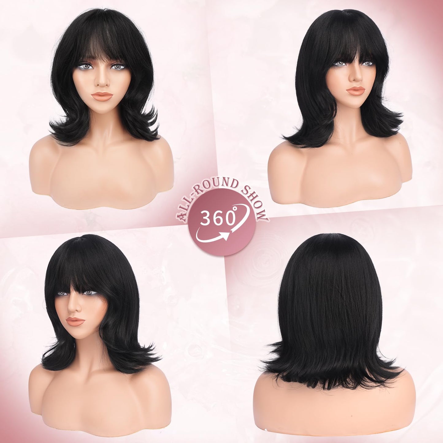 Haloo Black Short Bob Wigs with Bangs Shoulder Length Wavy Layered Flipped Ends Natural Looking Medium Synthetic Hair Wig for Women Daily Party, 14 Inch Natural Black