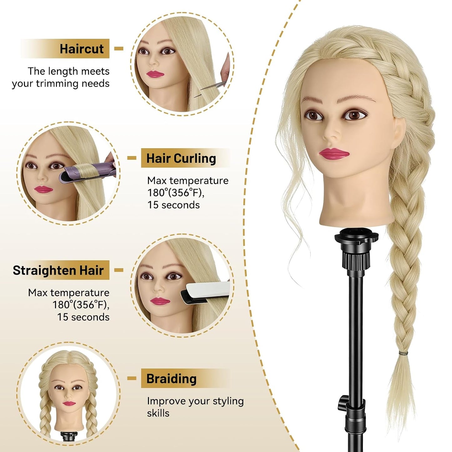 Mannequin Head - 90% Human Hair Styling Doll for Cosmetology | 24" Hairdressing Training Head with Clamp & Styling Set