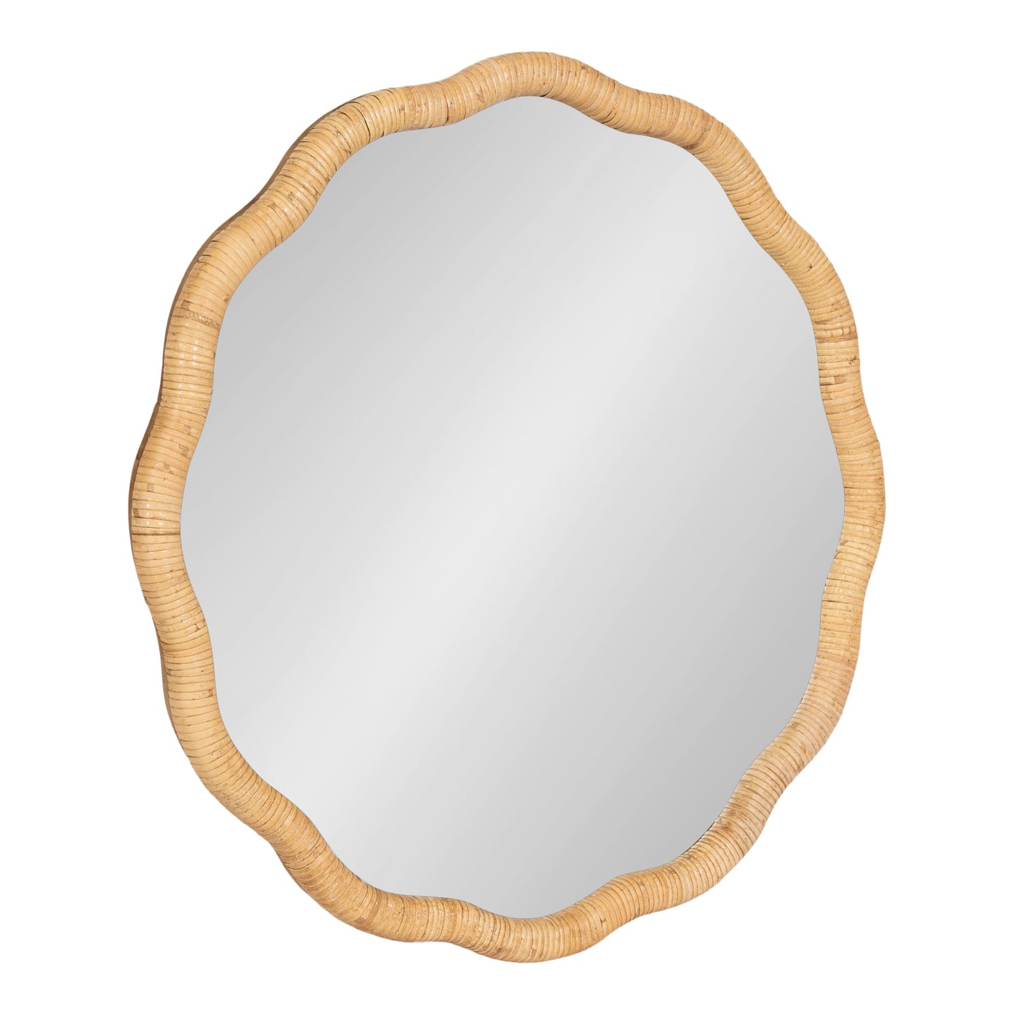 Kate and Laurel Rahfy Boho Scalloped Round Rattan Mirror; 26 Inch Diameter; Natural Wood; Decorative Round Wavy Mirror with Authentic Rattan Frame for Boho Wall Decor