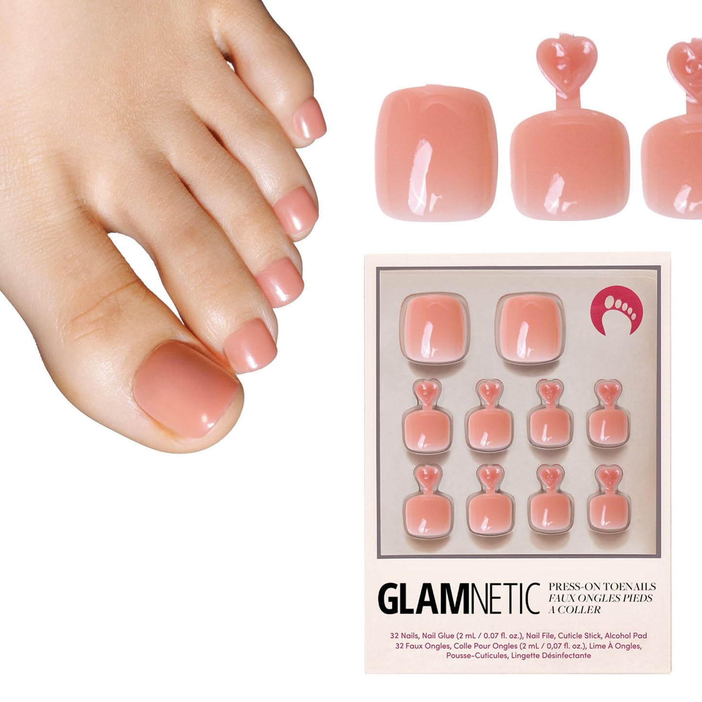 Press On Toenails - Sheer Peach Semi-Transparent Fake Toe Nails | Glossy Finish, 16 Sizes - 32 Piece Kit with Glue