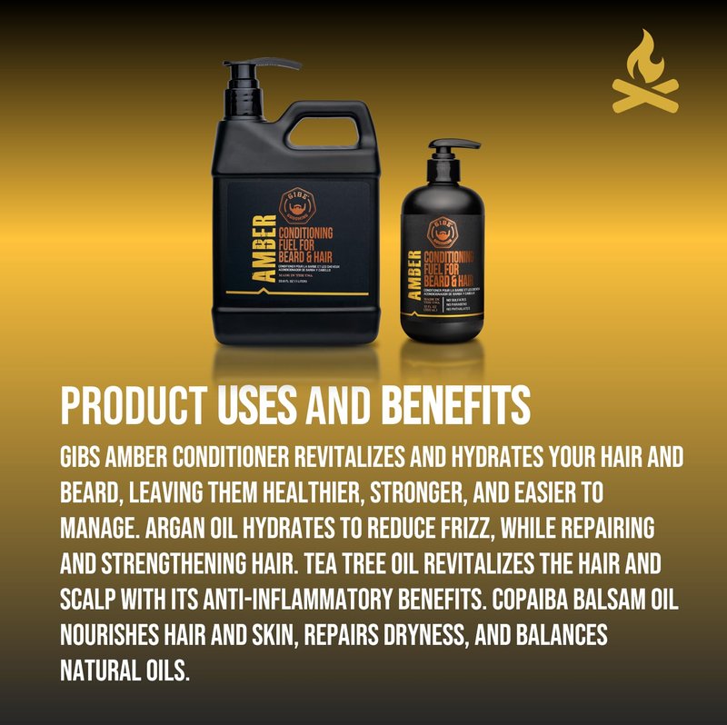 GIBS Amber Beard and Hair Conditioner - Detangle, Control Frizz, Revitalize Dry Hair & Skin, Antimicrobial & Antioxidant - Made in USA