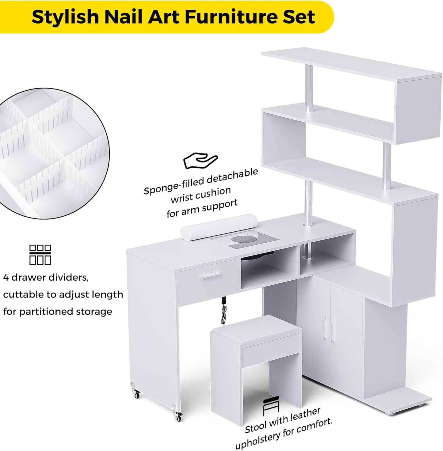 Manicure Table - L-Shaped Nail Desk with Dust Collector & Storage | Mobile Workstation in White