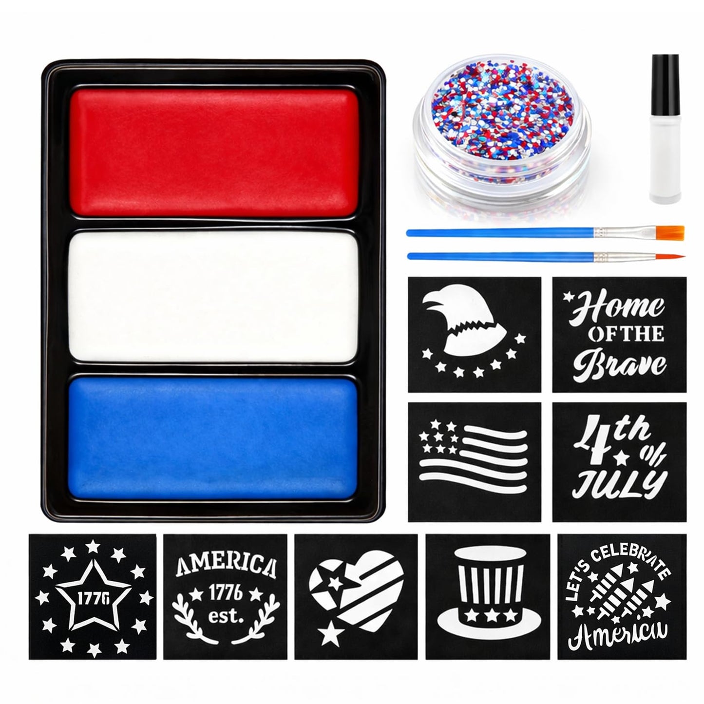 Oiomniv Red White Blue Face Paint Kit for Kids & Adults, Patriotic Face Paint with Glitter, 30 Stencils, Water-Based USA Flag Face Paint for 4th of July, Independence Day, Sports, Parties