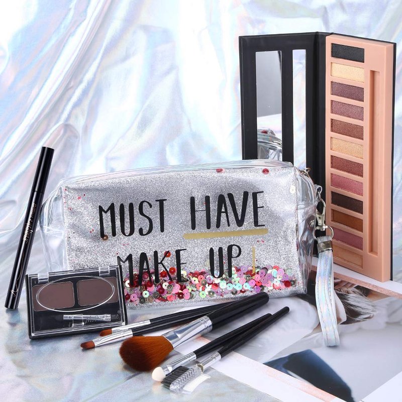 All-in-One Makeup Kit - 12 Color Nude Shimmer Eyeshadow Palette, Waterproof Eyeliner & Brushes | Quicksand Cosmetic Bag Gift Set