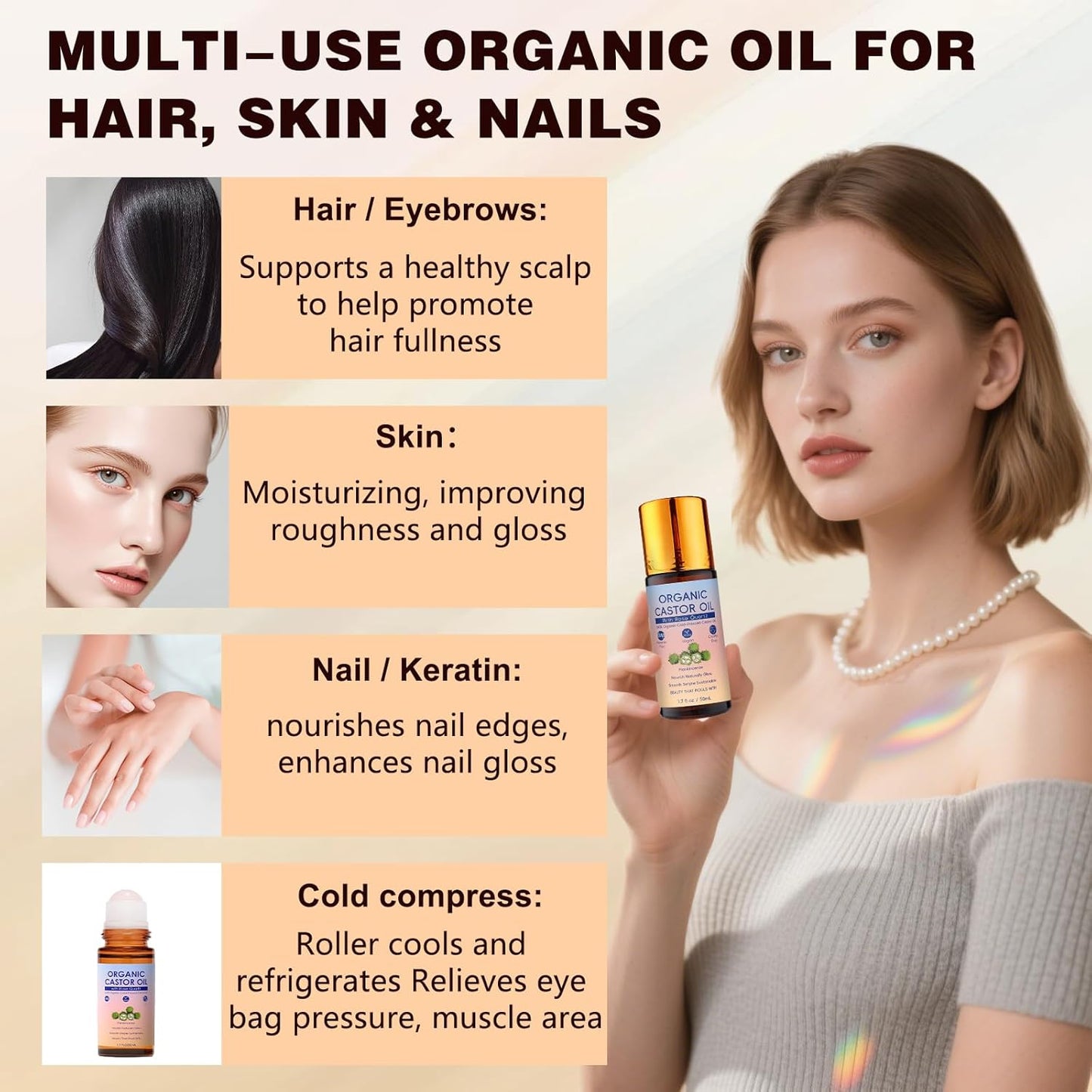 Organic Castor Oil Roll-On with Rose Quartz Roller Ball - Cold Pressed Moisturizing Beauty Oil for Brows, Lashes & Skin