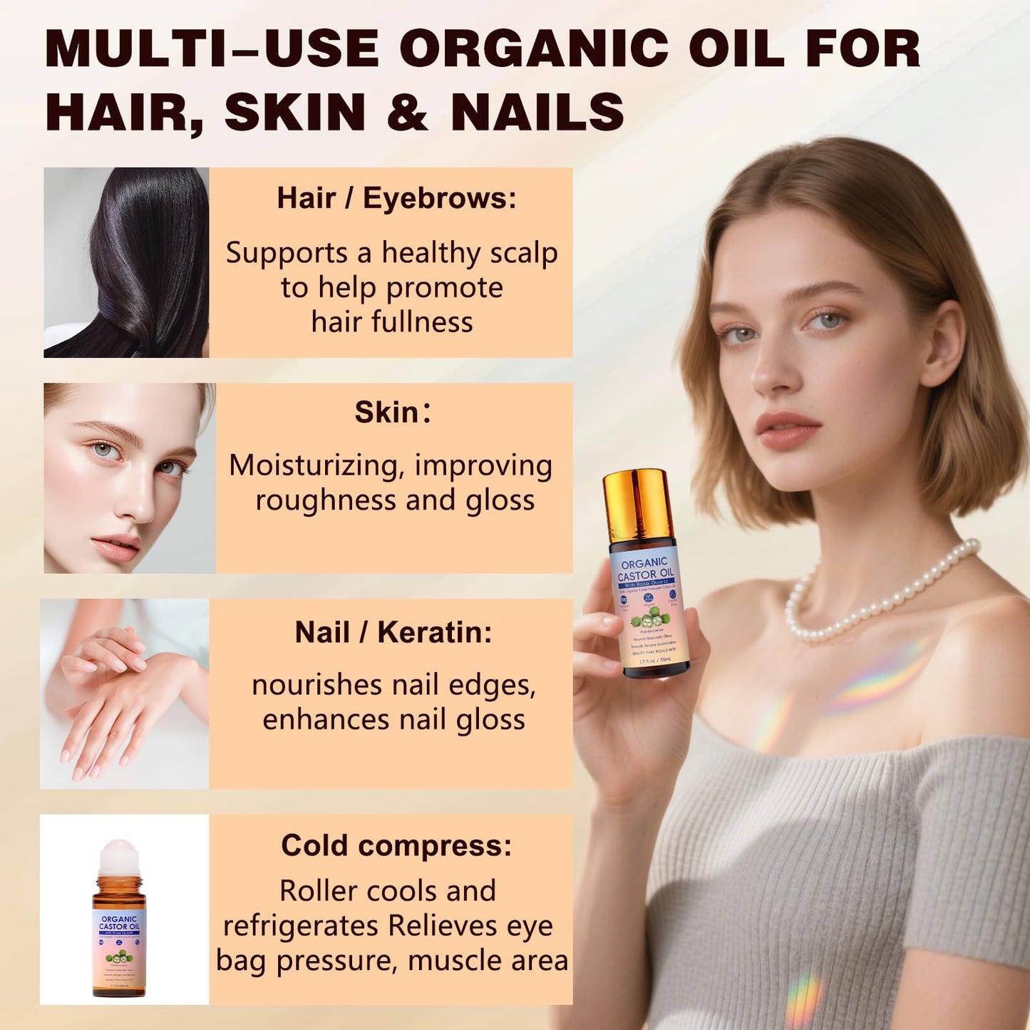 LHBMET Organic Castor Oil with Rose Quartz Roller, Cold-Pressed Pure Organic Castor Oil Roller Ball for Hair, Eyelashes, Eyebrows & Skin (1)