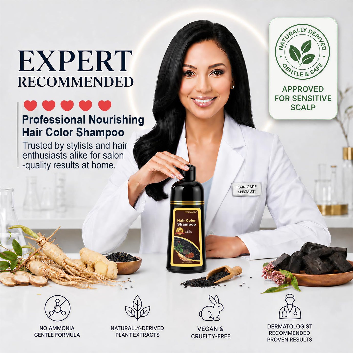 Instant Black Hair Dye Shampoo - 100% Gray Coverage | Herbal Formula, 3-in-1 Care, 500ML
