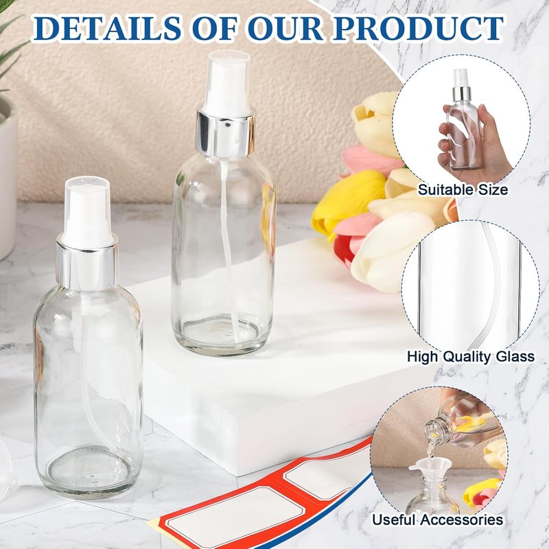 Fumete Glass Bottles 4oz - Refillable Liquid Containers for Essential Oils | Includes Label & Funnel, Clear with Silver Top