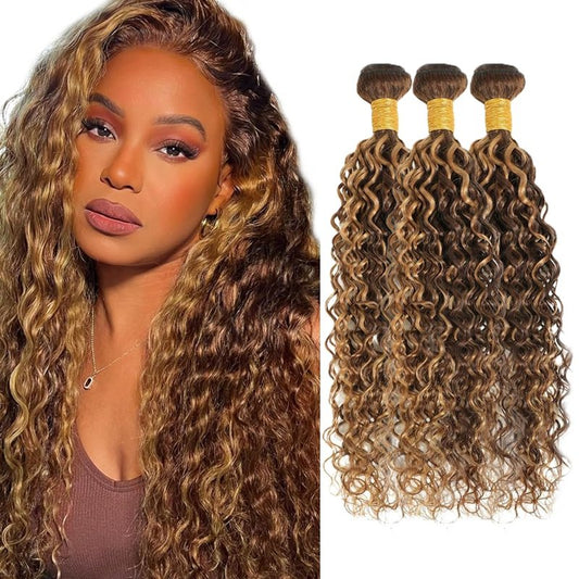 P427 Human Hair Bundles Highlight Water Wave Bundles 18 20 22 inch Dark Brown Human Hair Bundle Brown and Honey Blonde Color 150g