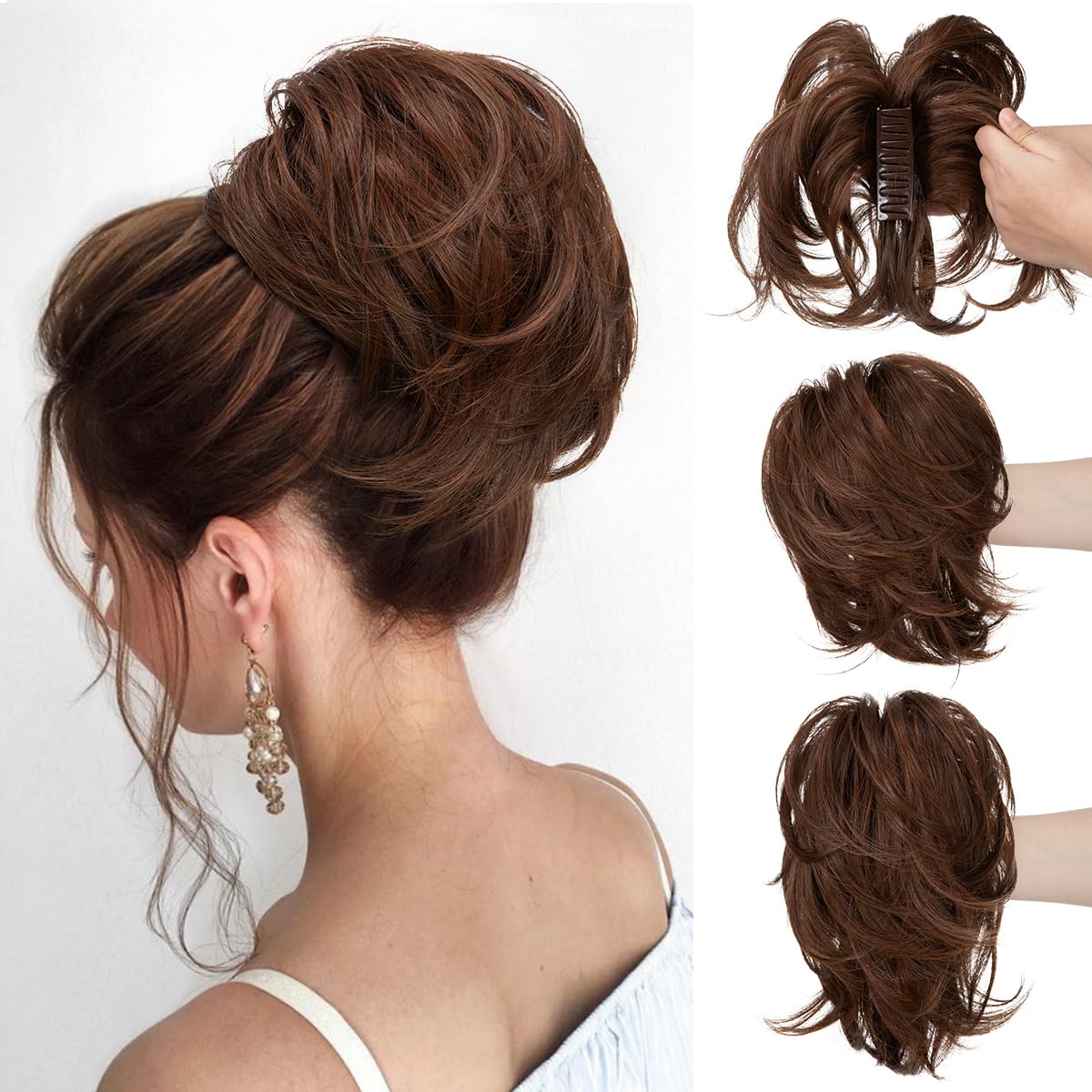 CJL Hair Claw Clip Short Ponytail Extensions - Bendable Metal Messy Bun Piece | Wavy Curly Synthetic Hair, Ash Grey
