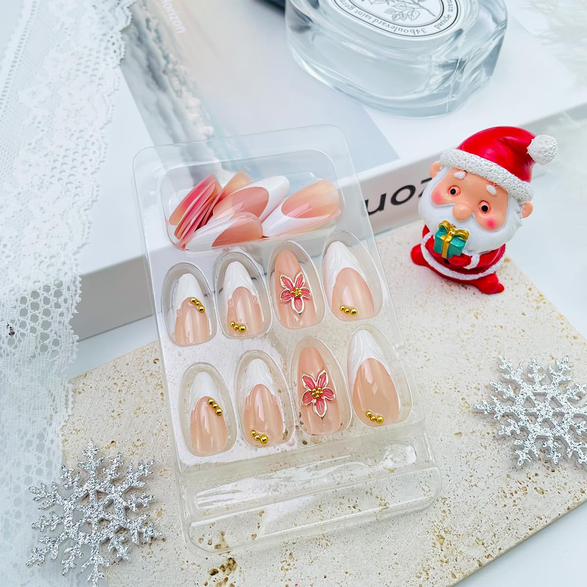 3D Pink Press-On Nails - Almond Medium French Tip with Embossed Flower & Gold Beads | 24 Pcs Glossy Reusable Full Cover Set