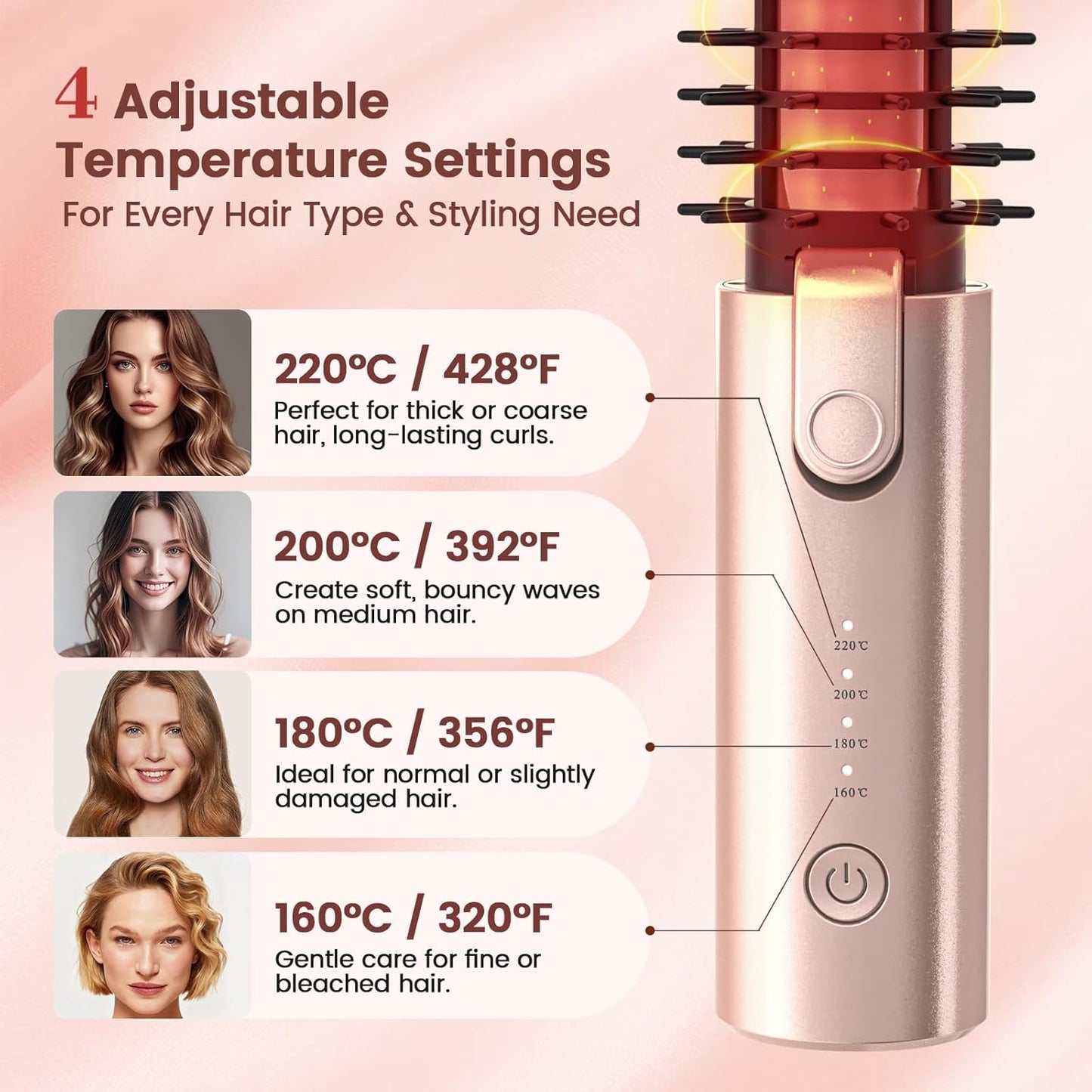 Youbella Cordless Hair Curling Iron Brush - 3-in-1 Mini Heated Round Brush | Portable USB Rechargeable, Pink
