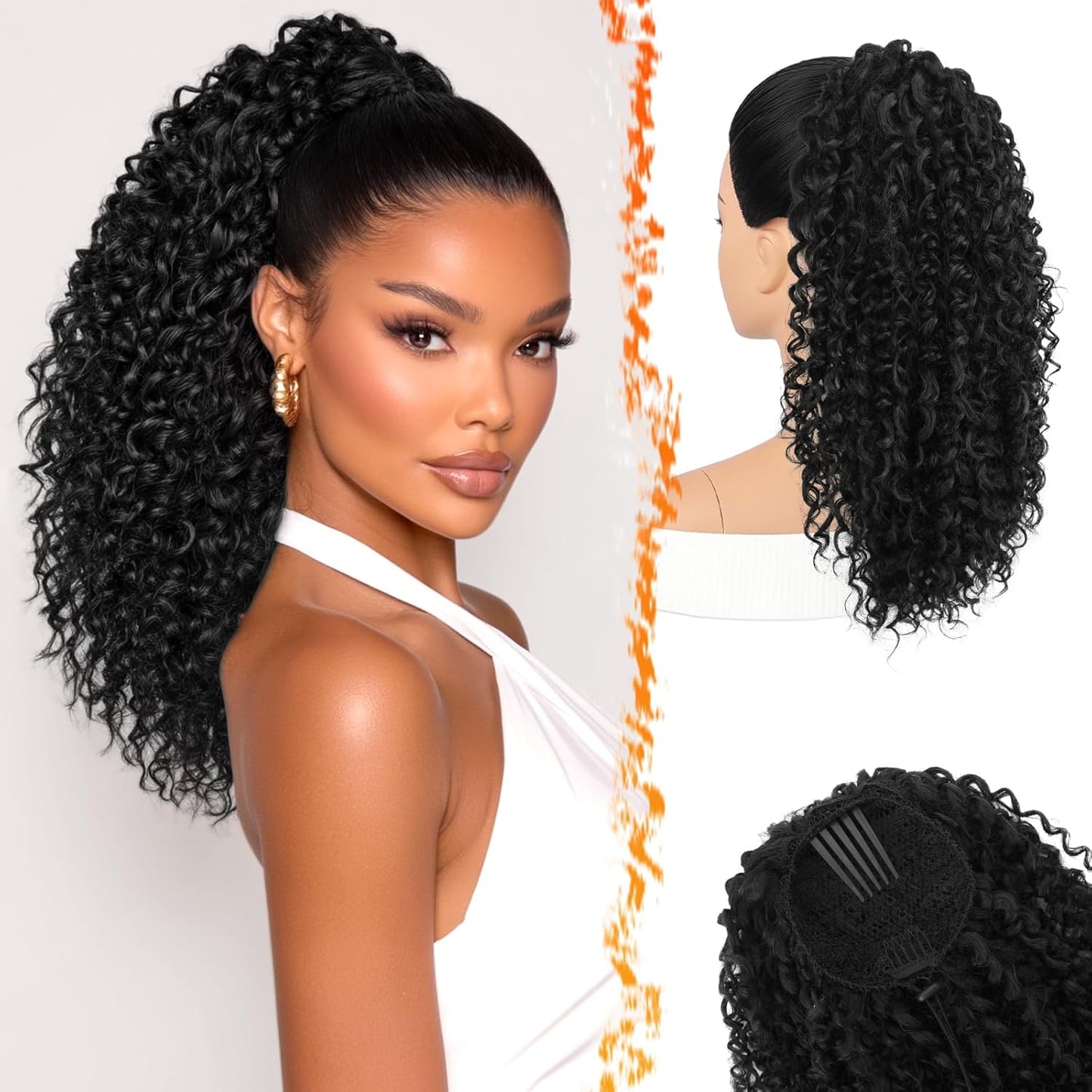 Black Ponytail Extension - 18 Inch Curly Drawstring Hairpiece | Soft, Lightweight Bohemian Style