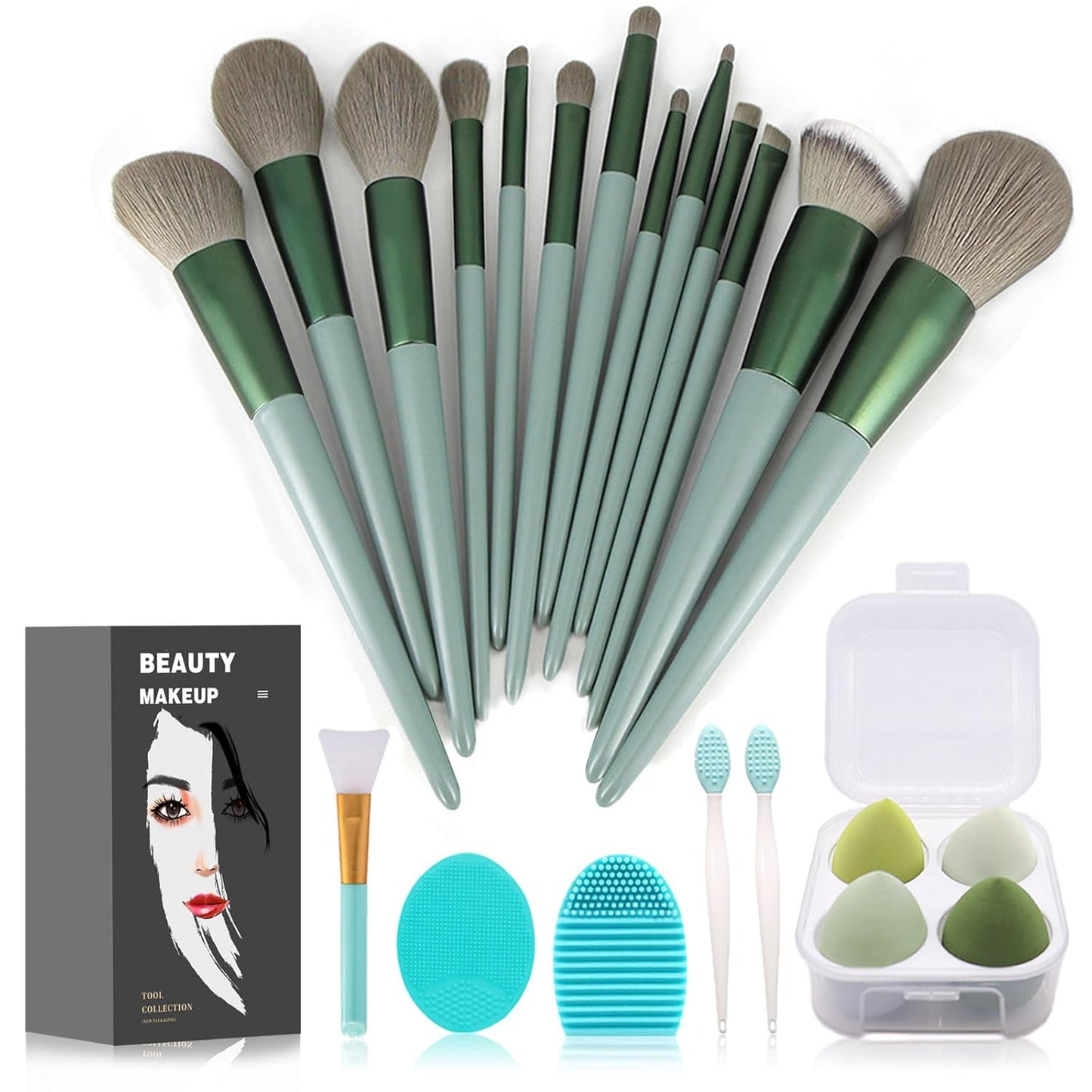 Makeup Brushes Set - 22 Pcs Professional Kit with Foundation & Eyeshadow Brushes | Green
