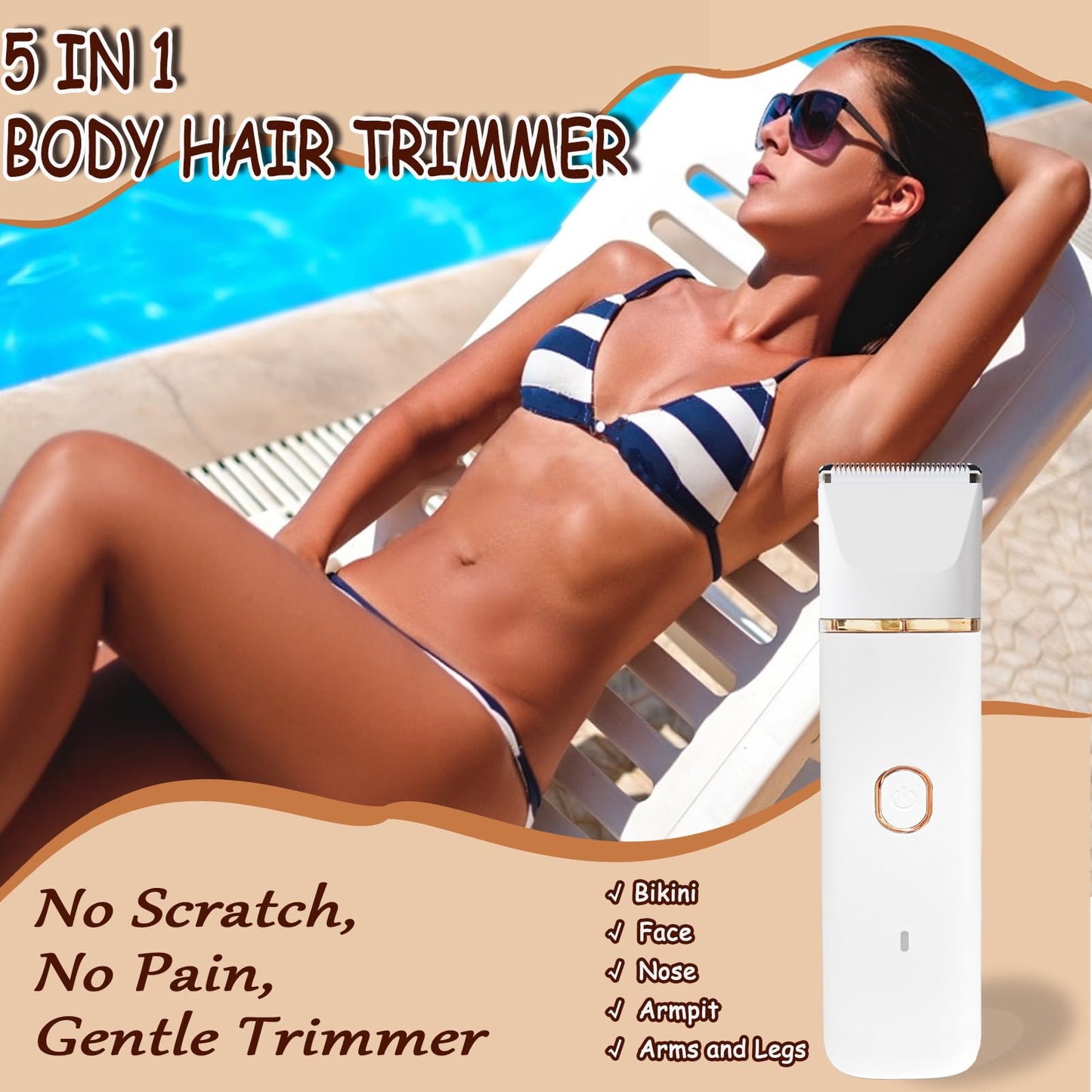Bikini Trimmer for Women, 5-in-1 Electric Razors Shaver, IPX7 Waterproof Cordless Body Hair Trimmer, Rechargeable Facial & Pubic Hair Remover, Ceramic Blade Bikini Shaver, Gifts for Women (White)