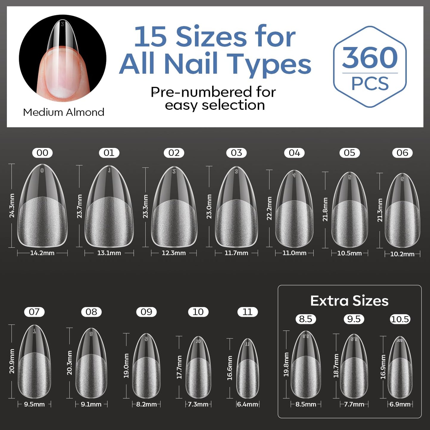 Modelones Medium Almond Nail Tips 360pcs Pre-etched Clear Press On Nails