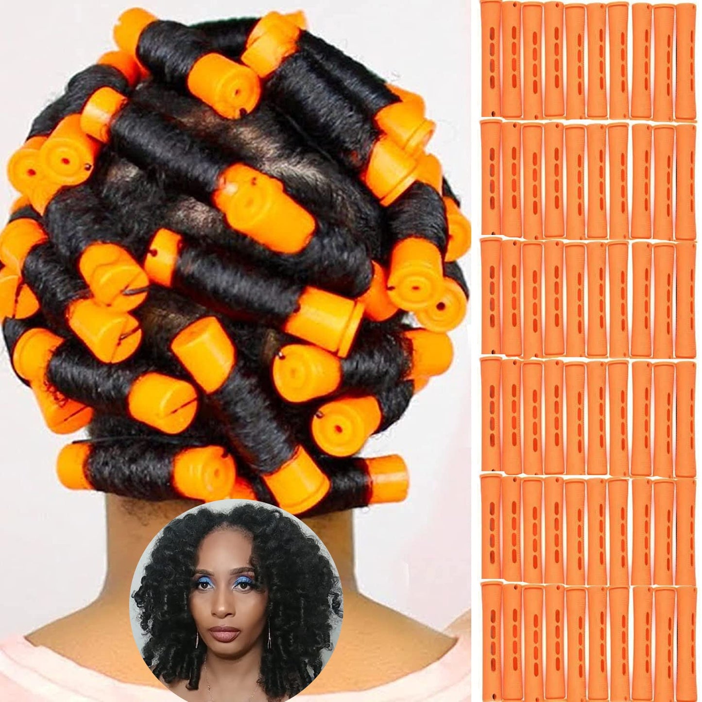 CLIONE 60pcs Perm Rods Set - Non-Slip Plastic Cold Wave Rollers for Long & Short Hair | 0.87 Inch Orange Curling Rods