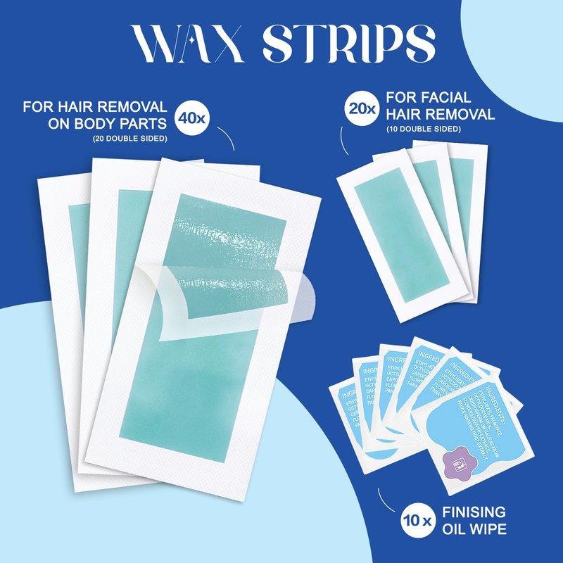 Hair Removal Wax Strips Kit for Women & Men, 60 PCS Full Body Cold Wax Strips for Face, Arms, Legs, Underarms & Bikini Area, Gentle Hair Removal for Sensitive Skin with After-Wax Oil Wipes.