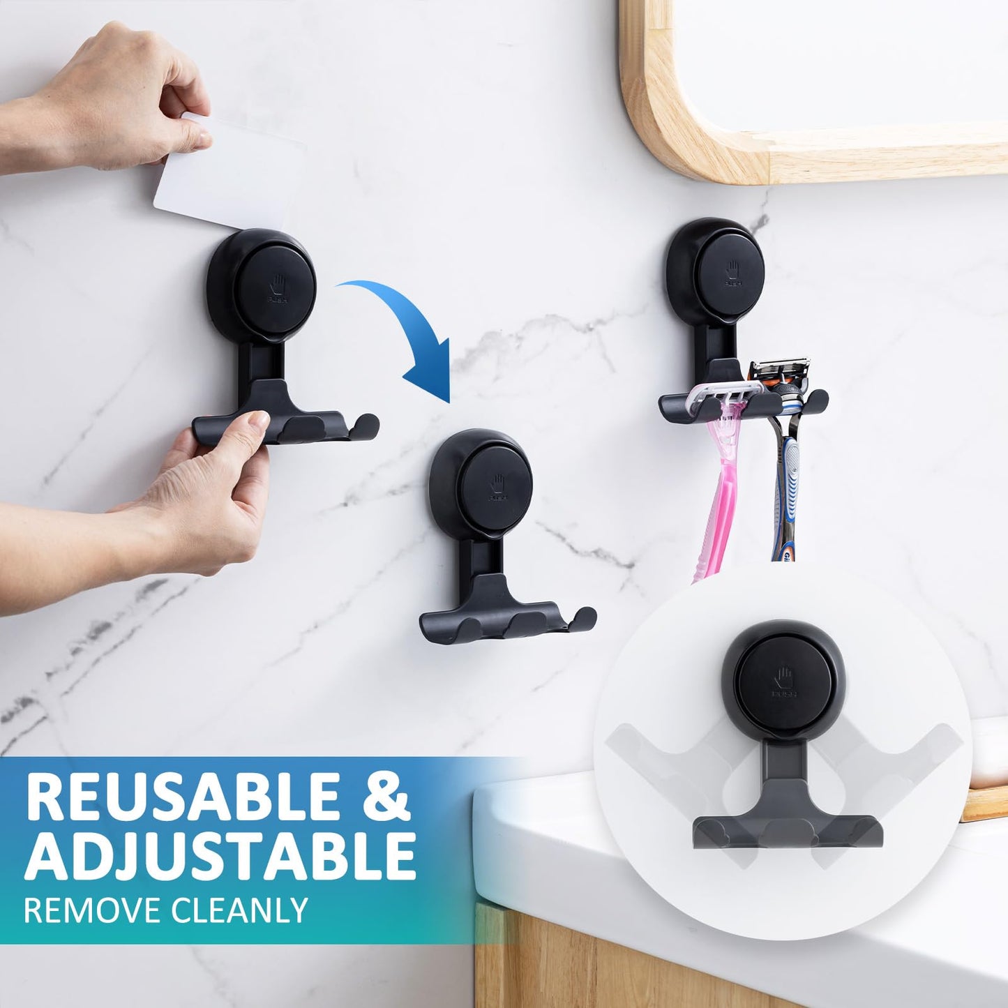 TAILI Suction Cup Razor Holder for Shower 2 Pack, Towel, Loofah, Shaver Holder for Shower Wall, Powerful Suction Cup Hooks for Inside Bathroom, Easy to Install and Reuse, Black