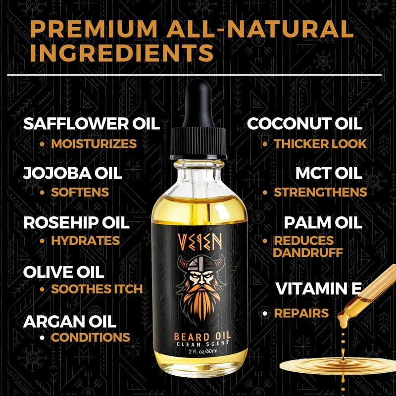 Veien Beard Oil for Men - Clean White Tea Masculine Scent - Softens & Conditions Beard, Moisturizes Dry Skin, Stops Beard Itch & Dandruff - 2oz Non-Greasy Premium Beard Grooming Oil