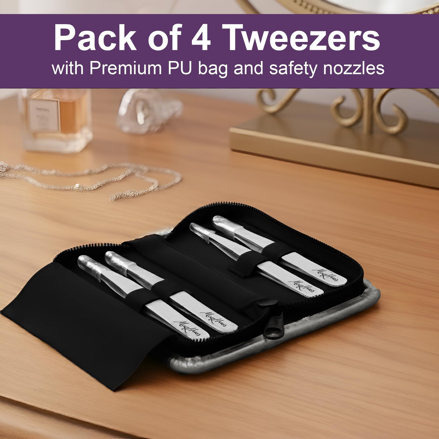 MaqHues Fiber Tip Tweezers Set – 4 Pcs Professional Eyebrow Tweezers Set, Precision Stainless Steel Ingrown Hair Tweezers for Facial Hair Removal, Slant Pointed Flat & Slant-Point Tips (Silver)