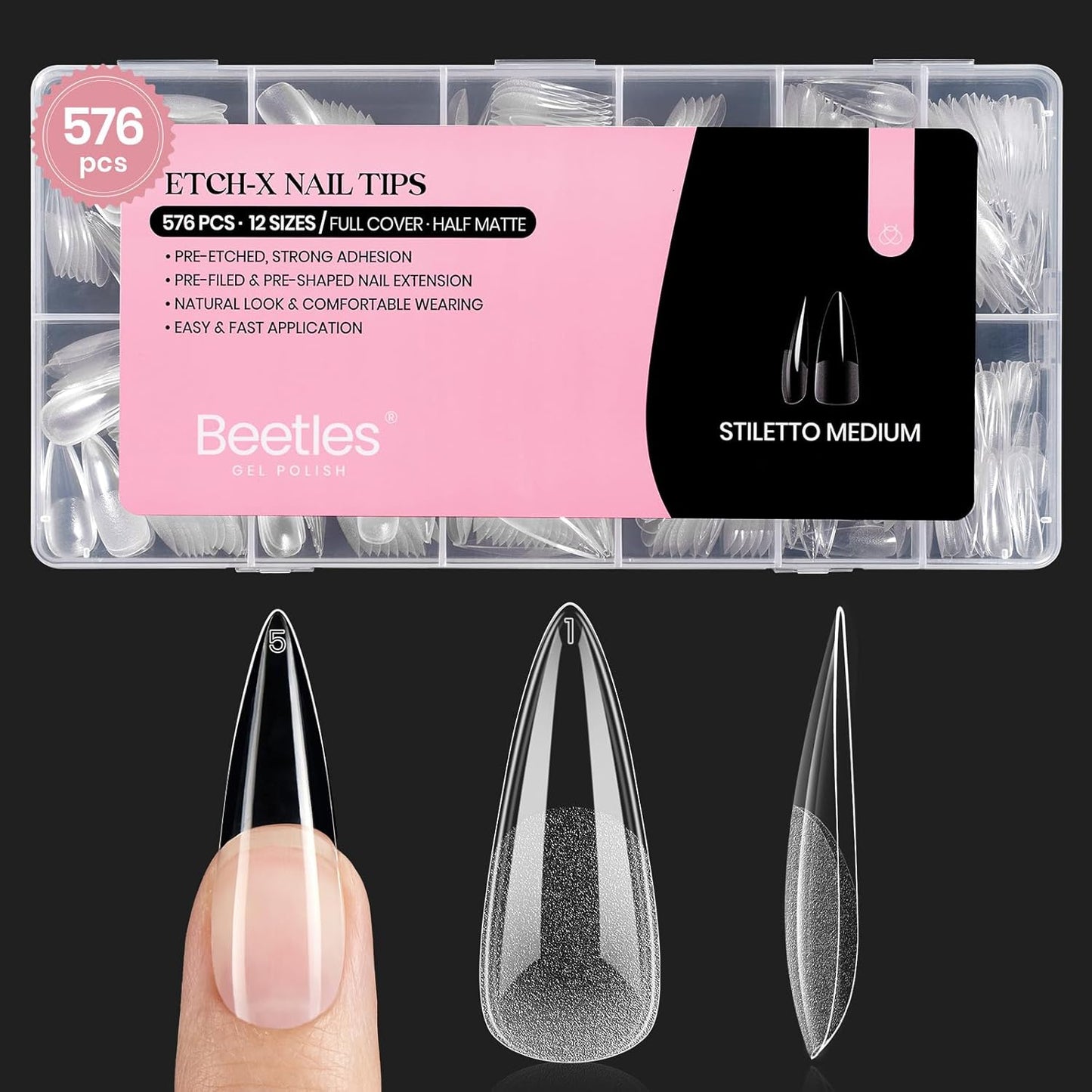 Beetles Gel Nail Tips - 576 Pcs Short Almond Acrylic False Nails | 12 Sizes, Easy DIY Press-On Extensions
