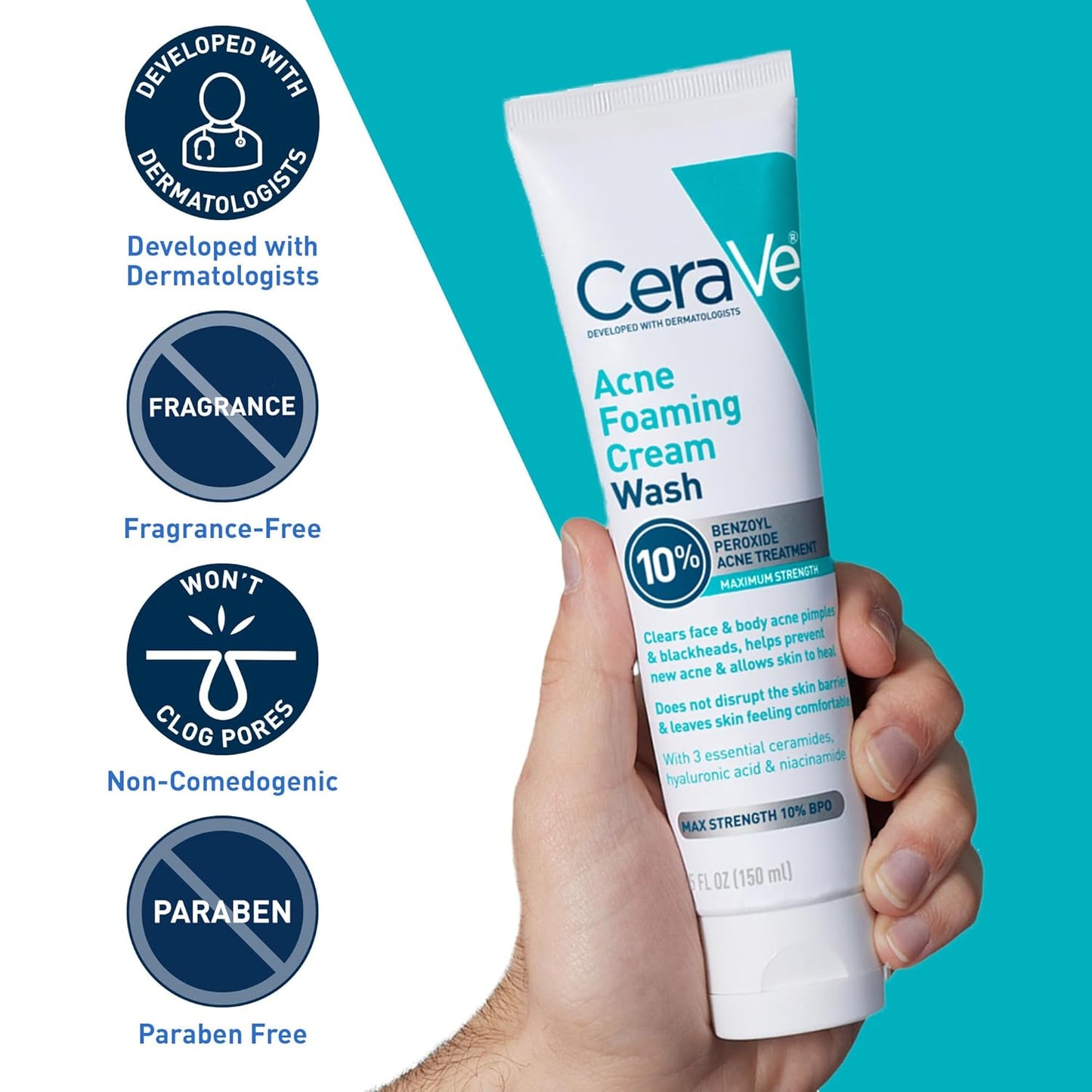 CeraVe Acne Foaming Cream Wash - Gentle Cleanser with 10% Benzoyl Peroxide, Hyaluronic Acid & Niacinamide | 5 Oz