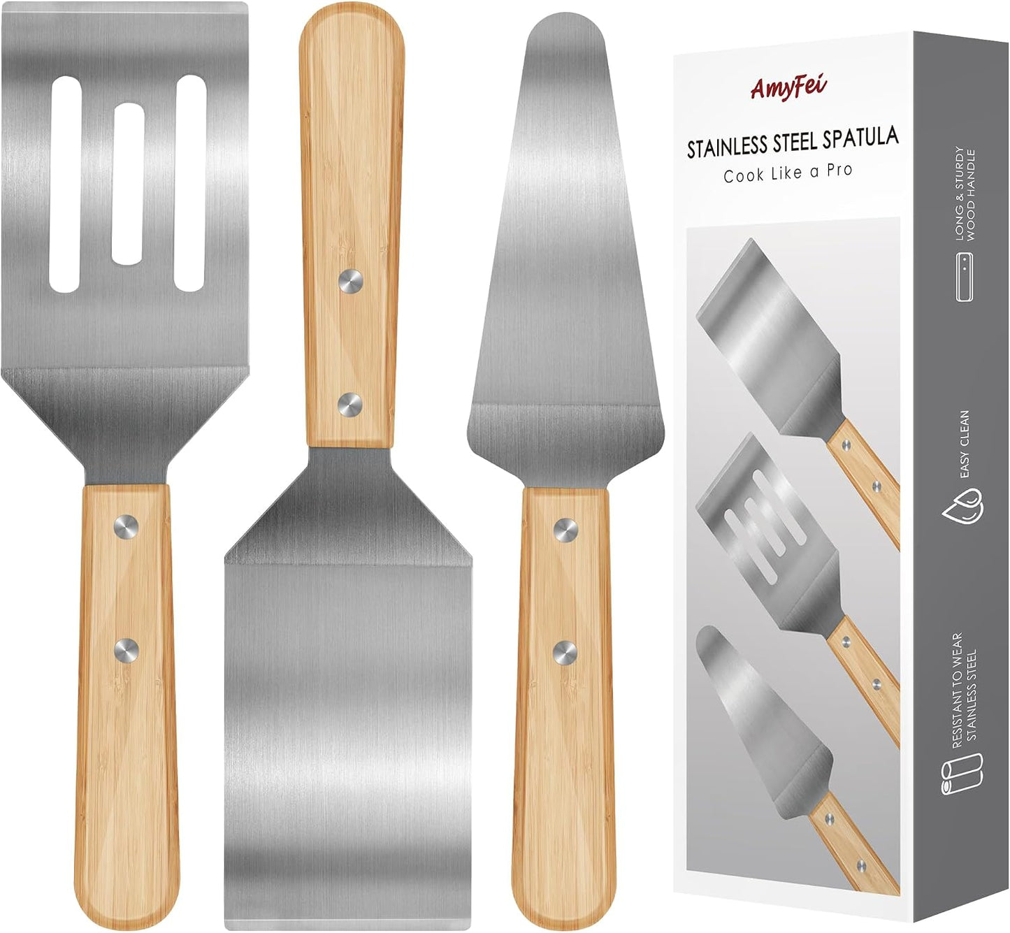 Stainless Steel Spatula Set - 2 Metal Spatulas with Wooden Handle for Cooking, Grilling & Baking | Ideal for Pancakes, Burgers & More