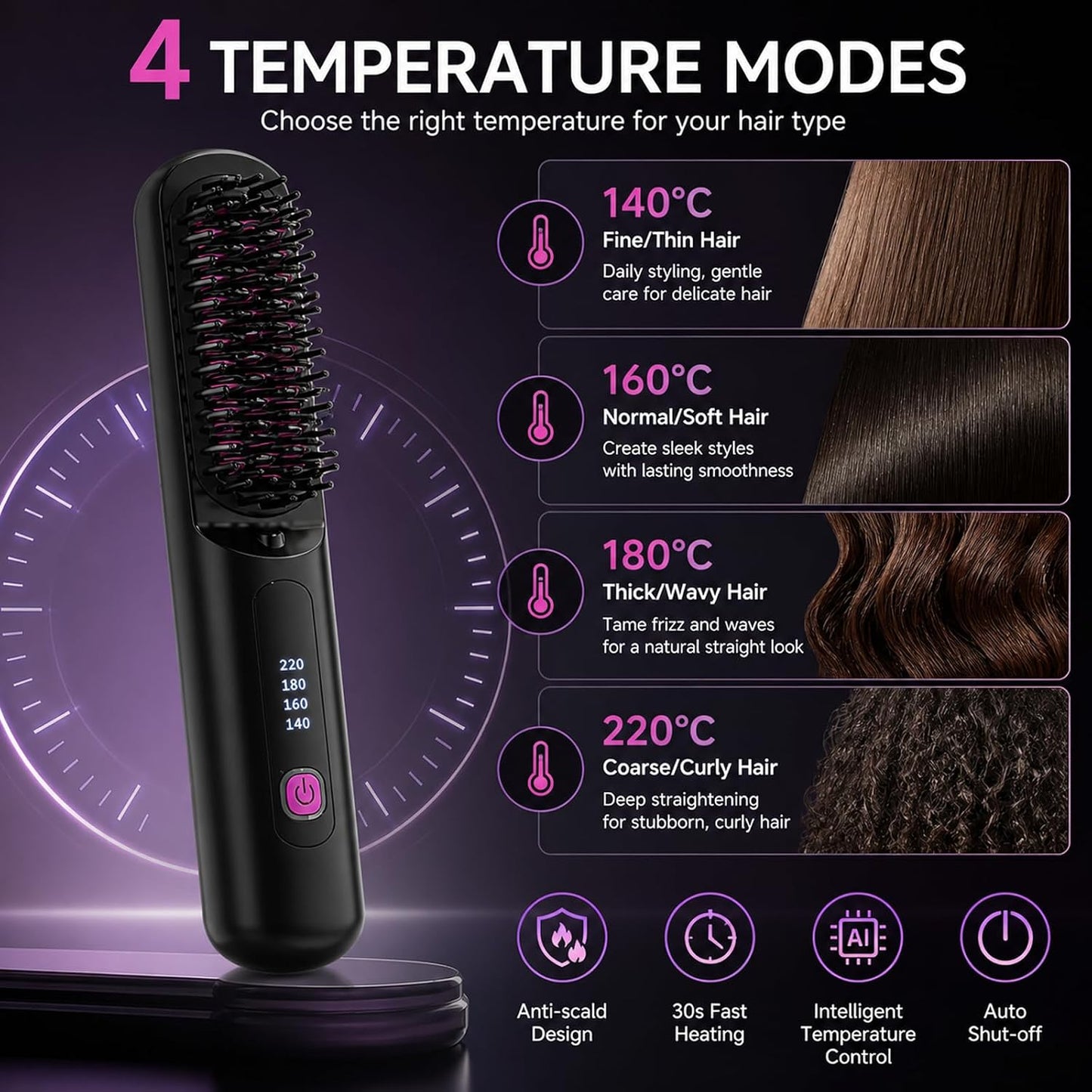 Cordless Hair Straightener Brush - 80 Million Anti-Frizz Ions, 4 Temp Settings | Portable Travel Styling Tool
