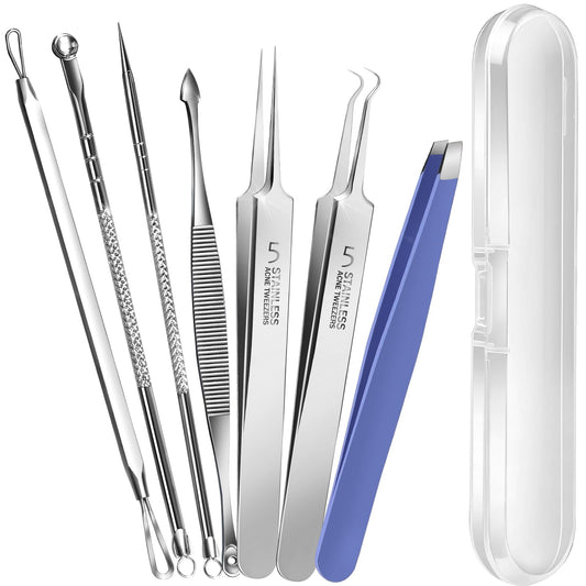 Teenitor 7 Pcs Pimple Popper Tool Kit, Surgical Grade Blackhead Remover Tools, Ingrown Hair Tweezers, Blackhead Extractor Pimple Extractor, Black Head Remover for Face