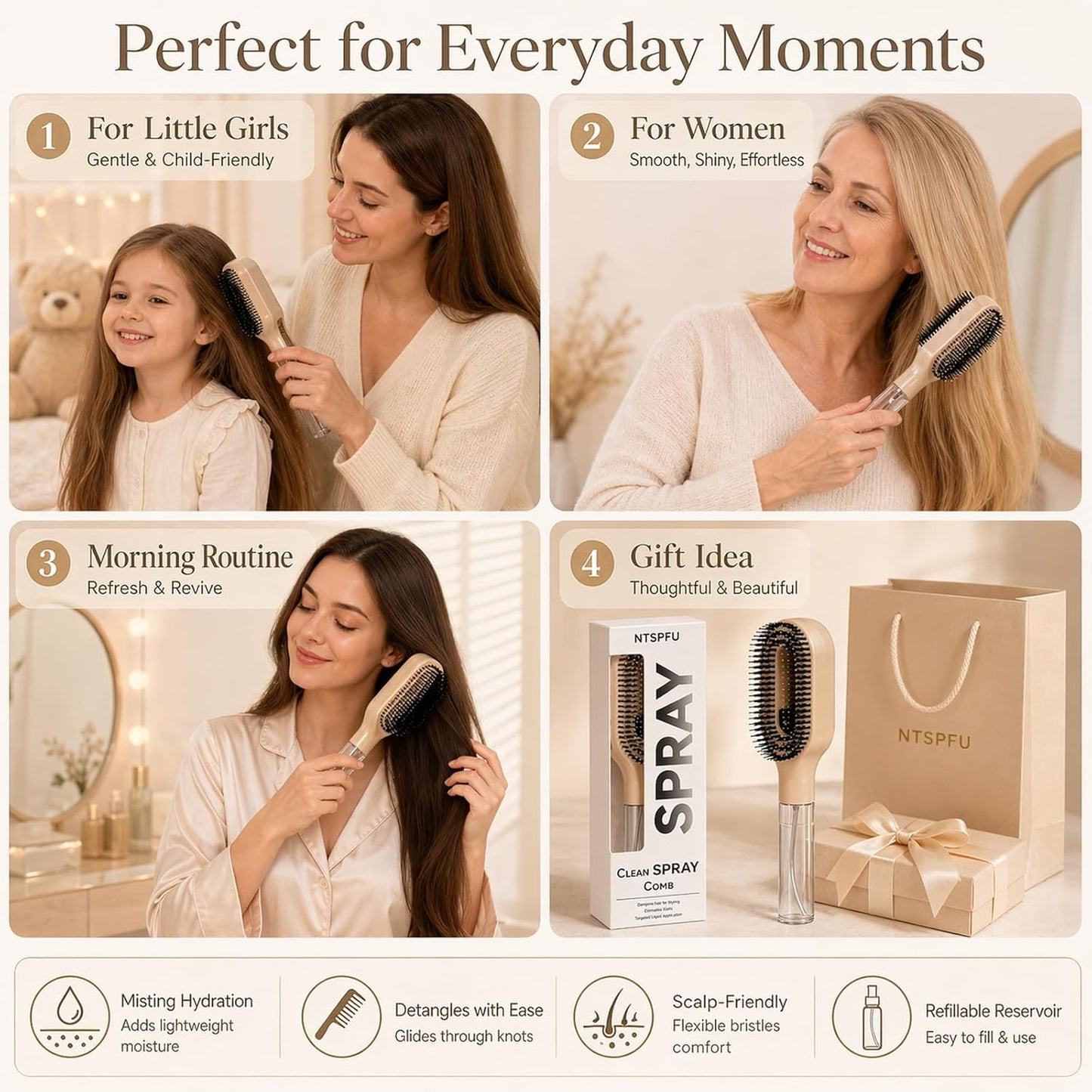 Misting Hair Brush - 2-in-1 Detangling Wet & Dry Hairbrush for Curly & Thick Hair | Refillable Water Spray, Anti-Frizz (Khaki)