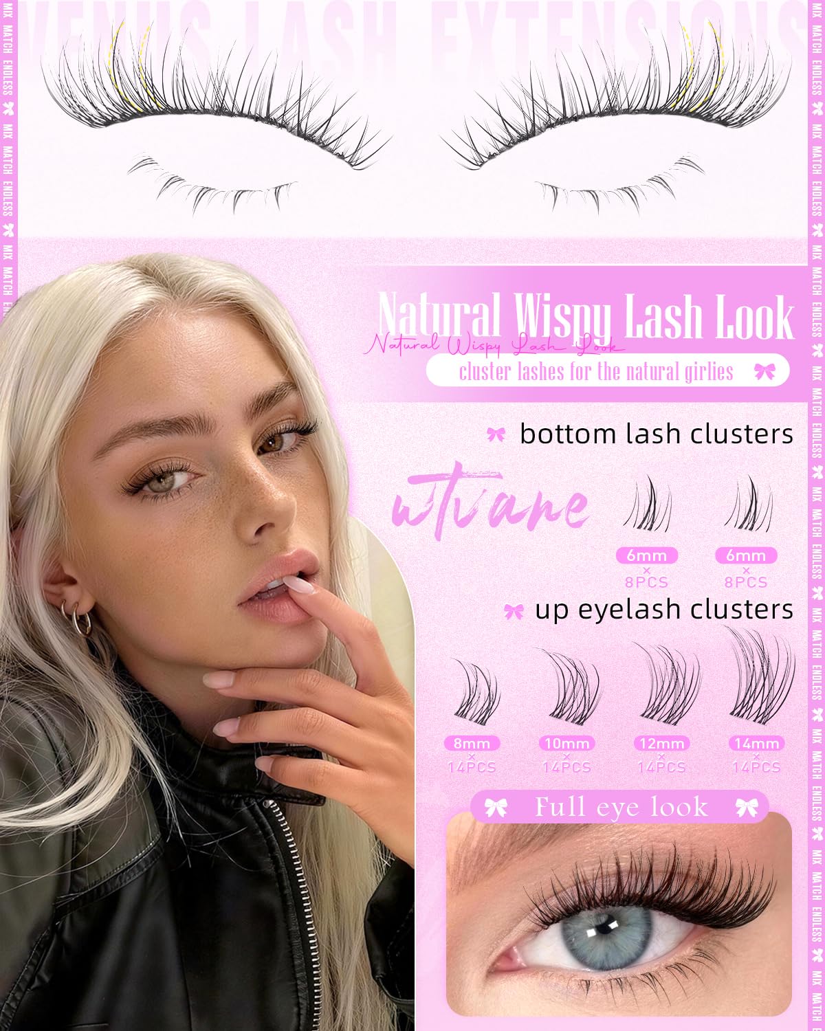 Wtvane Natural Lash Clusters Wispy Eyelash Clusters Lashes DIY 8-14mm Venus Lash Extensions with 6mm Bottom Lash Clusters Invisible Band Lashes Short Cluster Eyelash Extensions Natural Look