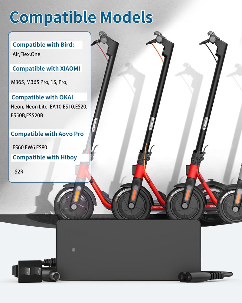 VHBW 42V 2A Charger for 36V Li-ion Scooter Battery, 8mm OD 5mm ID DC Plug, for Bird Air/Flex/One, Xiaomi M365/Pro/1S, AOVOPRO ES60, Not for 24V/48V or Other Ports