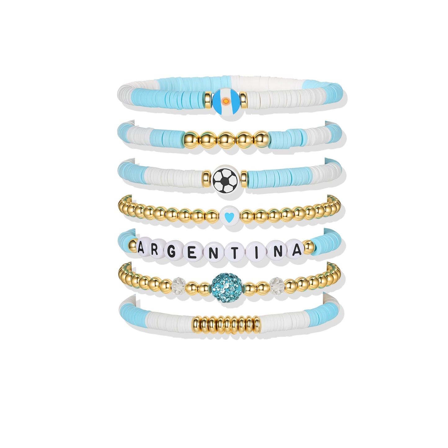 Poasrelax 2026 World Soccer Game day Cup Argentina Fan Bracelet Set 7-Pack Elastic Stretch Beaded Bracelets Handmade Soccer Support Wristbands with Flag Trophy Alphabet Beads for Women Fans (agentin)