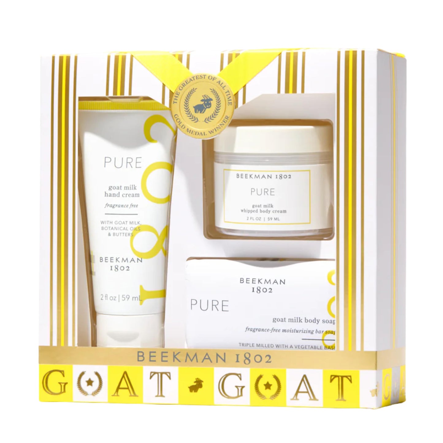 Beekman 1802 Pure 3-Piece Body Care Set – Goat Milk Skincare Gift Set with Bar Soap, Whipped Body Cream & Hydrating Hand Cream – Fragrance Free Travel Size Body Care Kit
