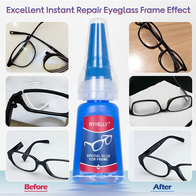 Nynelly 20 g Super Glue for Glasses Frames Repair and Bonding, Instant Strong Adhesive for Repairing Broken Frames Plastic Wood Metal Rubber Leather, Clear Liquid Glue Adhesive, Quick Dry