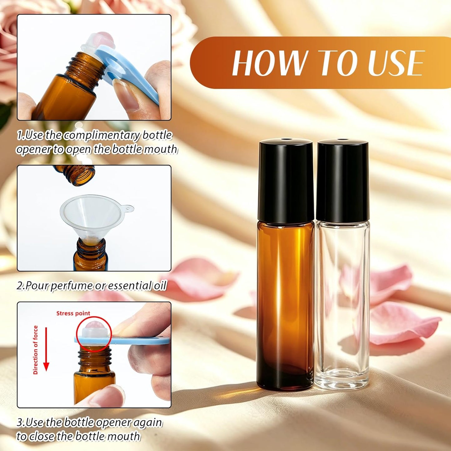 Essential Oils Roller Bottles - 10 Pack 10ml Leakproof Amber & Clear Glass | Rose Quartz & Stainless Steel Balls for Perfume & DIY