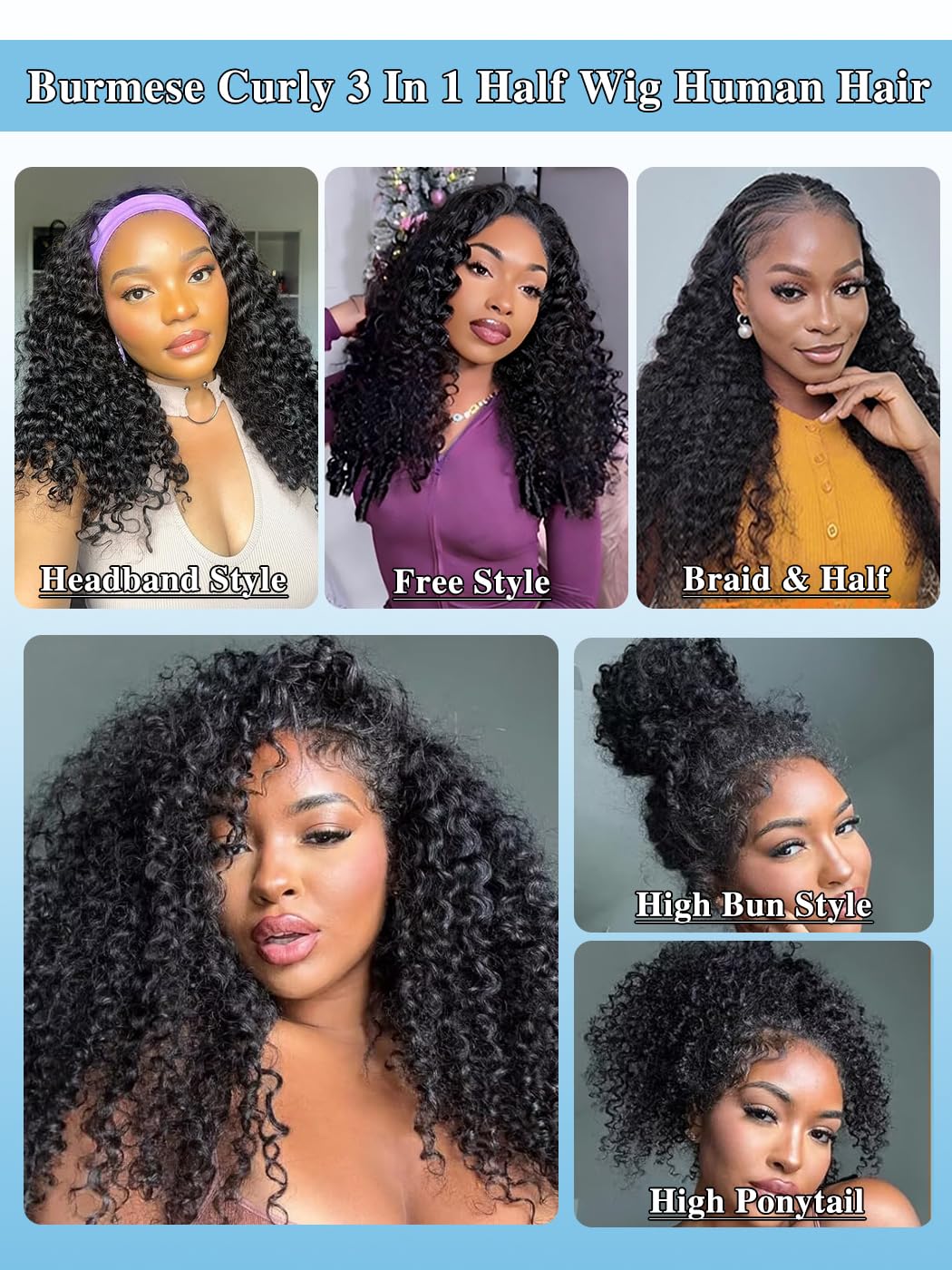 Burmese Curly Half Wig - 24 Inch Human Hair for Black Women | Glueless, 180% Density, Natural Black