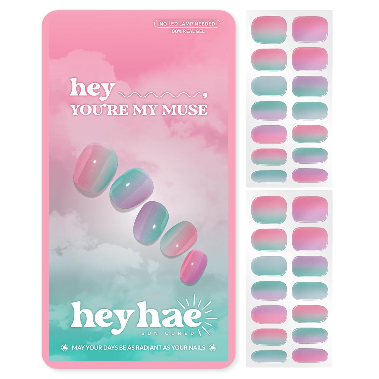Semi Cured Gel Nail Strips - Easy Apply & Remove, Salon Quality | Pink Rainbow Design | 28 Strips, 2 Prep Pads, Nail File & Stick