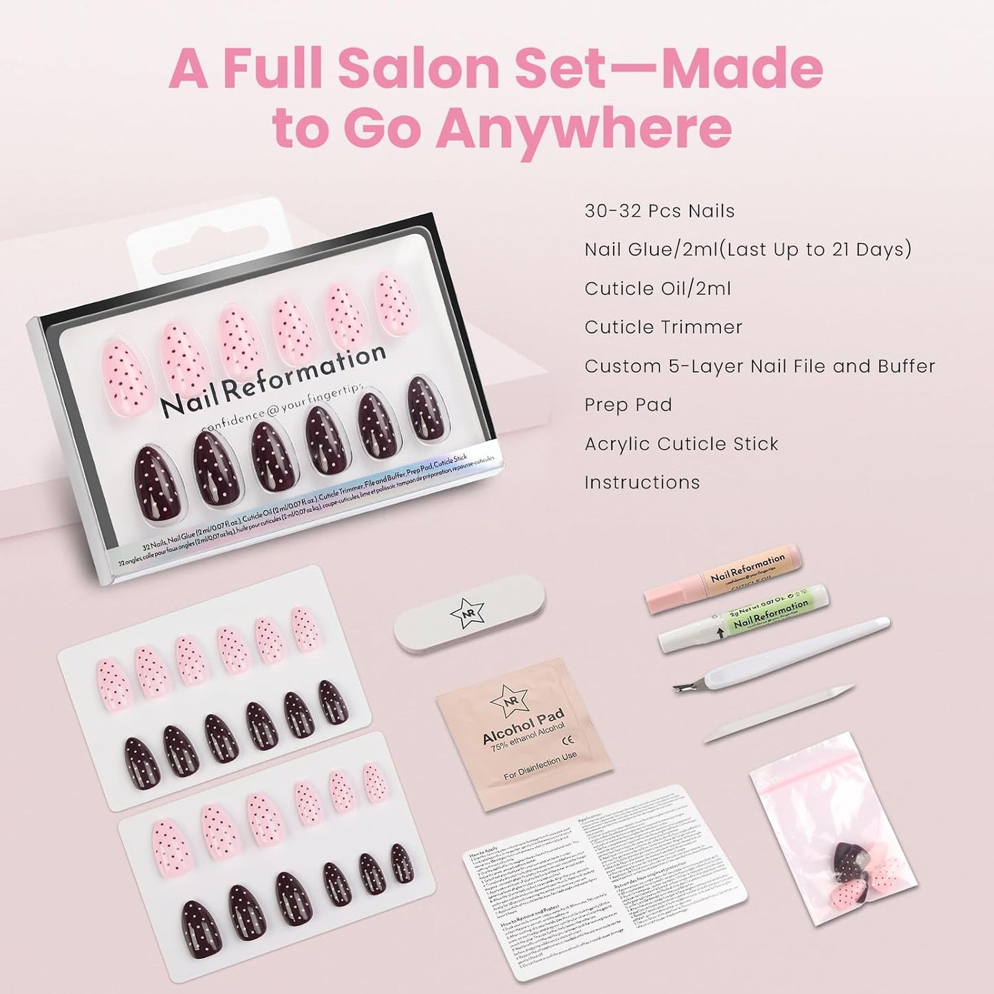 Nail Reformation Press On Nails - Polka Dot Short Almond Fake Nails | Rich Brown & Creamy Pink, Reusable 32 Nail Kit in 16 Sizes